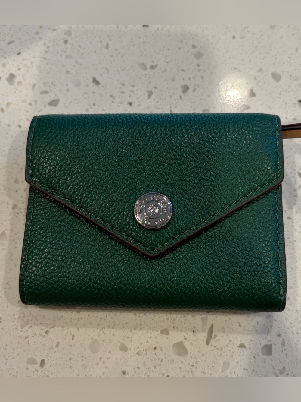 Tory Burch Dark Green Pebbled Leather Envelope Wallet with Silver Button